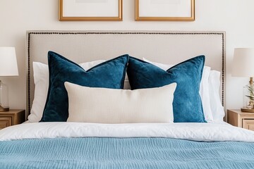 Elegant bedroom decor with blue accents home interior stylish design cozy environment aesthetic viewpoint