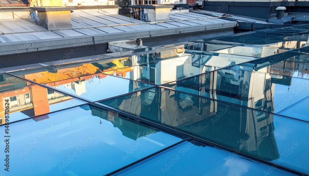 Poster rooftop reflections in glass surface creating distorted views