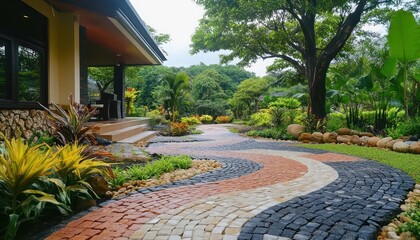 A colorful path curves through tropical plants to a modern home with seating under trees 2. Generative AI