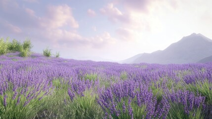 Fototapeta premium Lavender field sunset, mountain backdrop, peaceful nature scene, travel