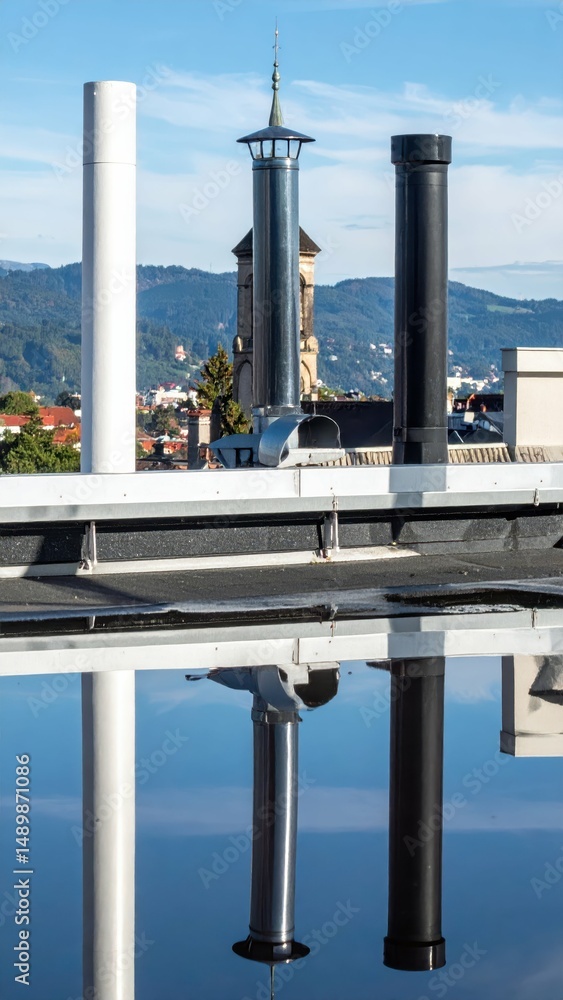 Poster reflections on rooftop with mirrored surface and architectural elements