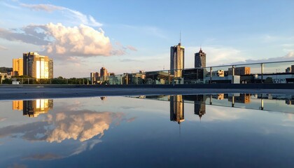 Fototapeta premium Sunset Reflection on Rooftop Surface with Cityscape View