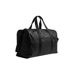 Fototapeta premium Stylish black travel duffle bag isolated on black gym on transparent background