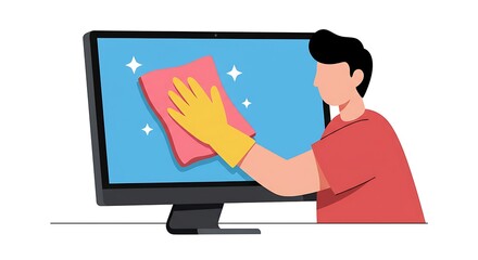 Man cleaning computer monitor screen with cloth and gloves. Digital device hygiene and maintenance concept illustration.