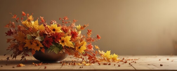 Warm-toned floral arrangement, autumn leaves, blurred background, decoration, bloom, fall