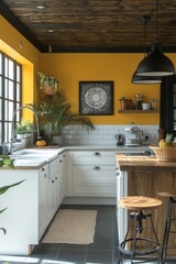 Fototapeta premium Bright Yellow and White Kitchen Interior Design with Wood Accents