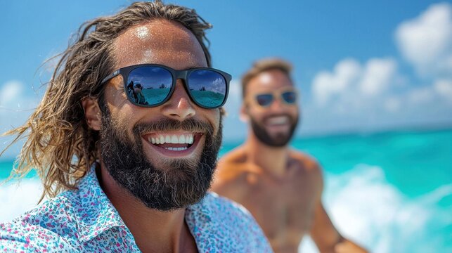 Two friends are having a great time on a boat ride, surrounded by clear turquoise waters and a sunny sky. Their bright smiles reflect the joyful experience of summer adventure