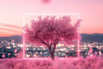 A vibrant pink tree blossoms amidst a blurred cityscape at sunset, framed by a glowing neon square; pink petals scatter