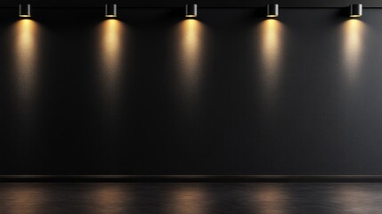 Dark room interior with five spotlights illuminating textured black wall