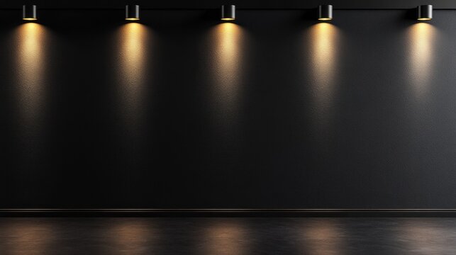 Dark room interior with five spotlights illuminating textured black wall