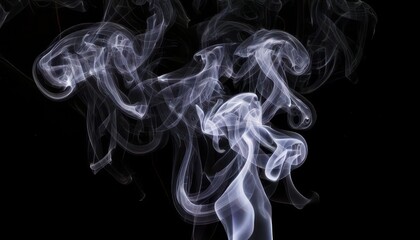 Fototapeta premium Wisps of white smoke swirl gracefully against a dark black background, creating abstract patterns and fluid shapes.