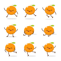 Fototapeta premium Cute Smiling Orange Character. Kawaii Orange Fruit Mascot Style Vector. Cute vector character set in various action emotions. Collection symbols isolated on a white background