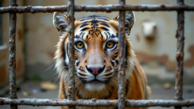 Tiger behind rusty metal bars in cage looks directly with intense eyes showing unsustainable captivity impact on wild animal confined spaces