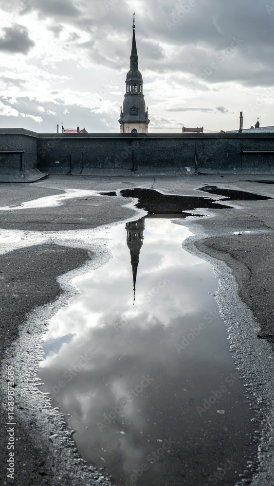 Poster reflections in small puddles on rooftop with tower in background