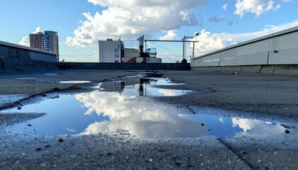 Obraz premium Reflections in Small Puddles on a Rooftop with Blue Sky Clouds