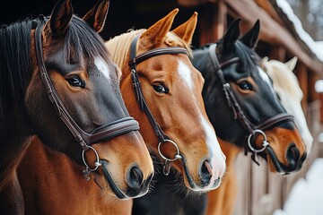 Obraz premium Horses in a stable in winter