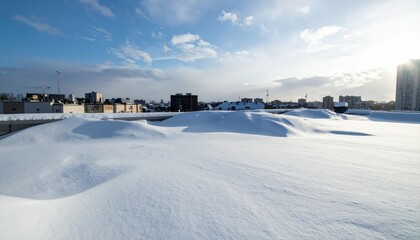 Fototapeta premium Snowdrifts on Rooftop After Blizzard with Clear Sky and Urban View