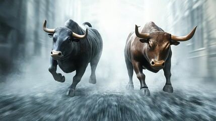 Two bulls charging forward with motion blur in a city setting with a misty and dynamic atmosphere