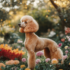 a poodle puppy standing gracefully in a beautyful garden