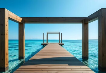 stylized pier over blue water framed by wooden architecture illustration