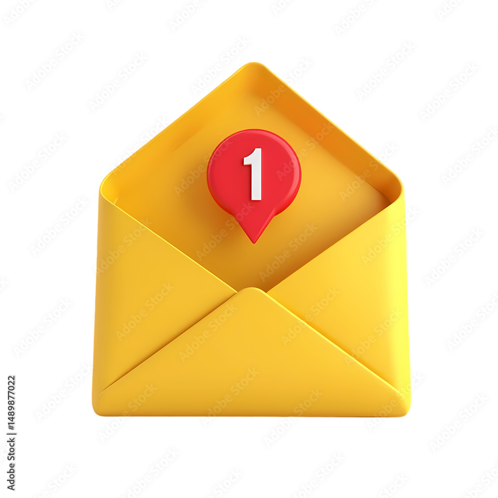 Poster a yellow envelope with a red notification icon indicating a new message isolated on transparent back