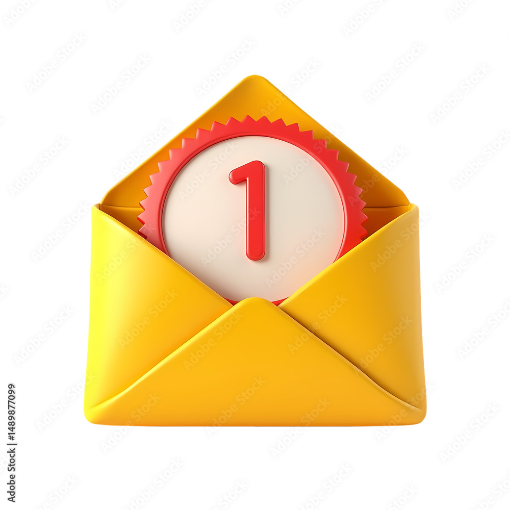 Poster yellow envelope with notification showing number one in red color on a white round badge isolated on