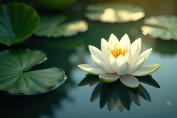 Single white water lily in tranquil pond, sunlight dappled on petals, nature, habitat