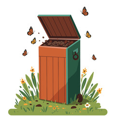 Waste bin with open lid surrounded by flowers and butterflies  