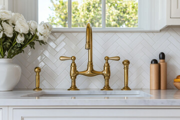 luxury kitchen sink with a gold faucet and marble countertop. 