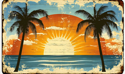 Distressed beach scene with palm trees, setting sun, and ocean. Wooden planks overlay gives it a vintage feel