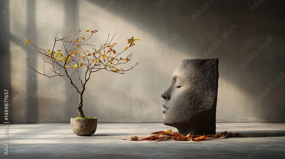 Poster a zen-like scene with a bonsai tree and a sculpted head. sunlight streams across the scene