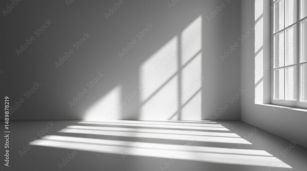 Poster minimalist interior design with window shadows and sunlight patterns