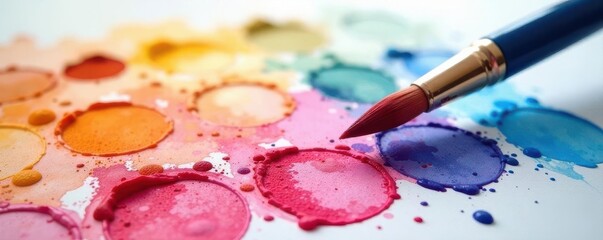 Obraz premium Watercolor palette, brush, diluted paint, paper , brown, palette