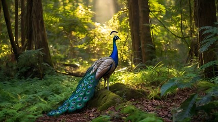 Obraz premium Beautiful peacock walking in a lush green forest,