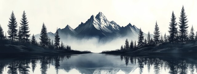 Serene Snowy Mountain Lake with Dark Forest Reflection