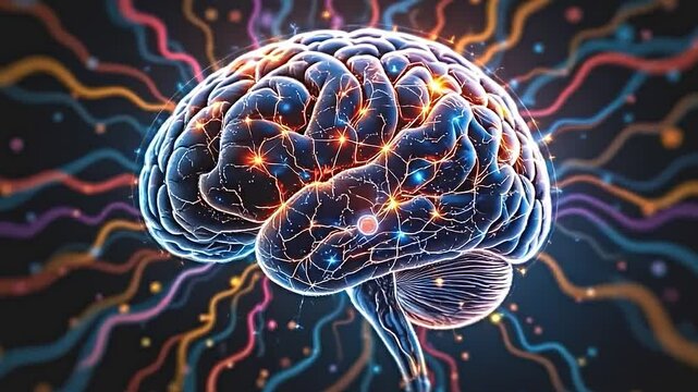 whimsical portrayal of a glowing human brain, bright neural connections dancing with light, vibrant colors symbolizing intellect and creativity, stunningly detailed visual experience high resolution