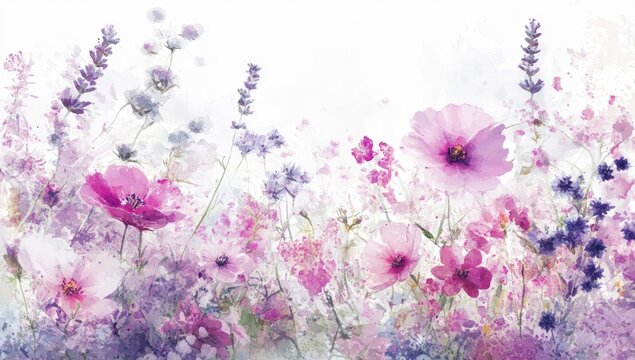 A field of delicate, pastel-colored wildflowers.  Soft, blurred blossoms in shades of lavender, pink, and white.  Botanical artistry