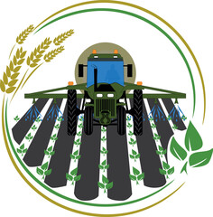 Vector illustration of a tractor spraying crops in a field, framed by a round frame with wheat stalks and green leaves. Concept of modern crop care.
