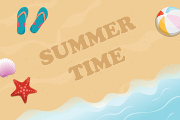 Summer time text on sand with beach ball balloon, sea star, seashell, and flip flop. Top view sea surf background.