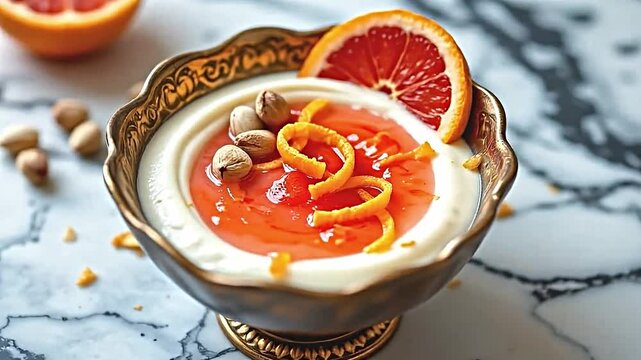 a whimsical presentation of grapefruit yogurt dessert in an ornate bowl, studded with whole pistachios, on a strikingly patterned marble countertop, with an artistic flair of grapefruit zest