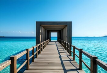 Fototapeta premium stylized wooden pier over ocean with arched structure and clear sky