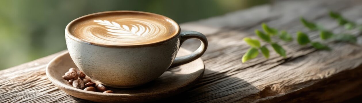 Coffee art latte with milk foam in warm tone morning vibe concept. A beautifully crafted latte served in a rustic coffee cup.
