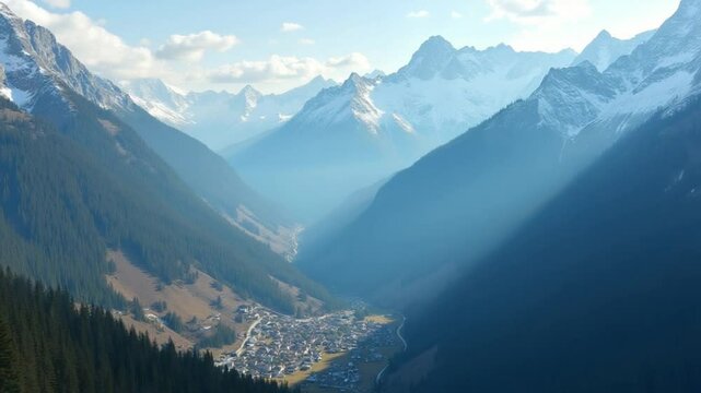 Flight over a mountainous landscape, forest on the slopes, a village at the foot of the mountain, a small amount of snow