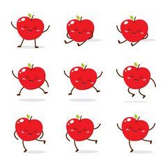 Cute Smiling Red Apple Character. Kawaii Red Fruit Mascot Style Vector. Cute vector character set in various action emotions. Collection symbols isolated on a white background
