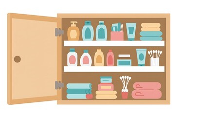 Bathroom Cabinet with Toiletries and Towels. Flat Vector Illustration of Home Organization and Personal Hygiene Storage.