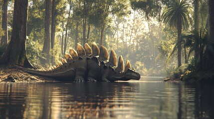 Stegosaurus drinks water in prehistoric jungle; illustration