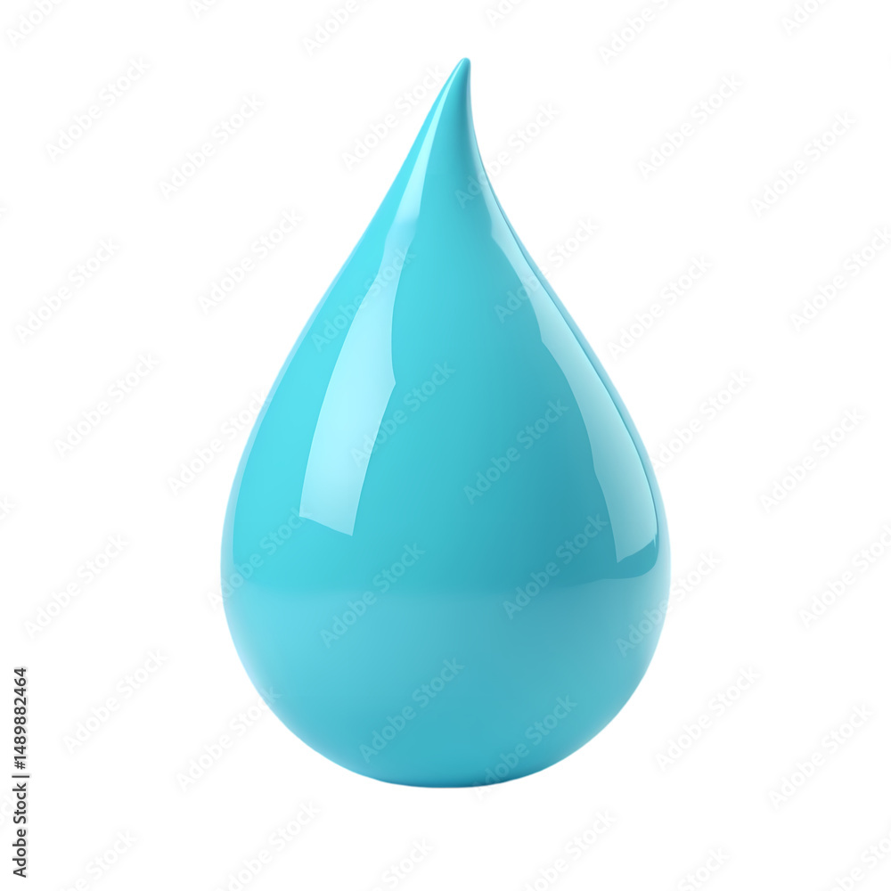 Poster a single turquoise droplet with a smooth surface and a pointed tip against plain studio shot isolate