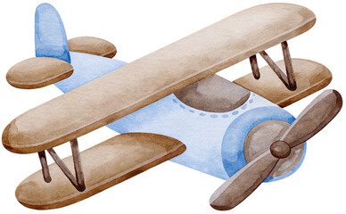 Watercolor illustration of a blue and brown biplane on a transparent background. © beyouenked