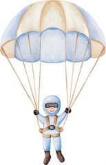 Watercolor illustration of baby boy in blue jumpsuit parachuting on transparent background.