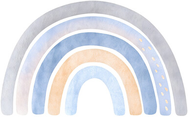 Fototapeta premium Watercolor rainbow illustration in soft blue and neutral tones on transparent background.
